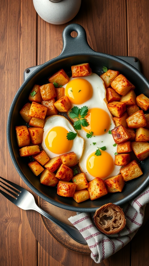 A delicious potato and egg skillet with crispy potatoes and eggs, garnished with parsley, on a rustic wooden table.